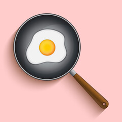 Fried eggs in a frying pan isolated on pink background. Perfect fried egg over breakfast. Vector illustration