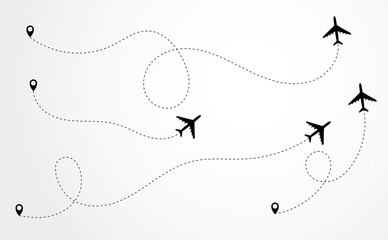 Airplane dotted route line the way airplane. Flying with a dashed line from the starting point and along the path 