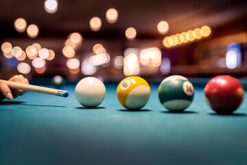 female hand preparing aiming the cue ball on a green billiard table