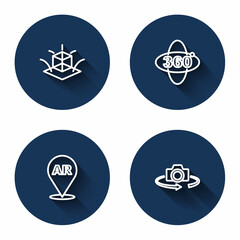 Set line 3d modeling, 360 degree view, Augmented reality AR and with long shadow. Blue circle button. Vector