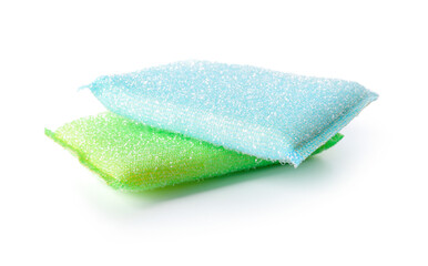 Different cleaning sponges on white background