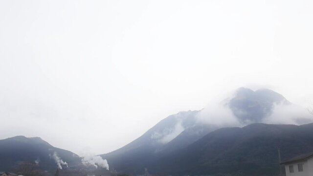 Foggy morning mountains of a hot spring town, Yufuin