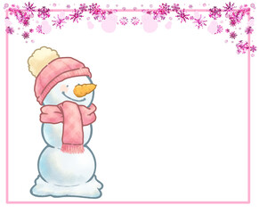 雪の結晶フレームとニンジン鼻の三段雪だるまさん　ニット帽　ピンクver