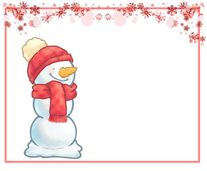 雪の結晶フレームとニンジン鼻の三段雪だるまさん　ニット帽　レッドver