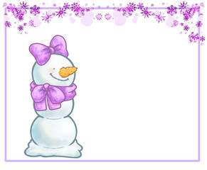 雪の結晶フレームとニンジン鼻の三段雪だるまさん　リボン　パープルver