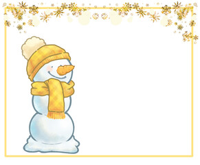 雪の結晶フレームとニンジン鼻の三段雪だるまさん　ニット帽　イエローver