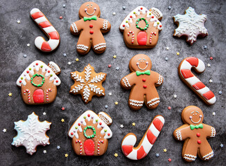 Christmas gingerbread cookies on dark background
