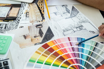 Indoor interior colours choosing by designers on their workplace .
