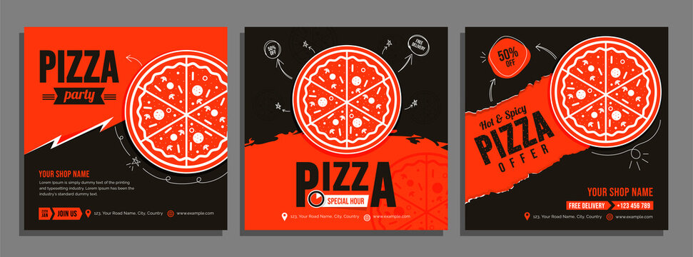 Set of Pizza Social Media Post, pizza party offer Template, vector	