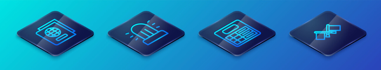 Set Isometric line Train station board, Passport, Flag and Flasher siren icon. Vector