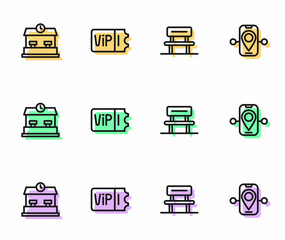 Set line Waiting hall, Railway station, Train ticket and Route location icon. Vector