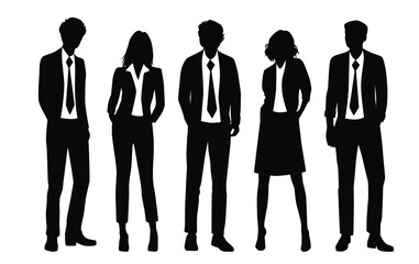 Vector silhouettes of  men and a women, a group of standing  business people, profile, black  color isolated on white background