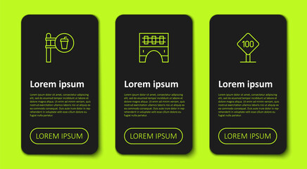 Set line Cafe and restaurant location, Bridge for train and Speed limit traffic sign 100 km. Business infographic template. Vector © Iryna