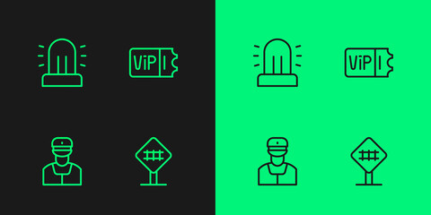 Set line Railroad crossing, Train conductor, Flasher siren and ticket icon. Vector
