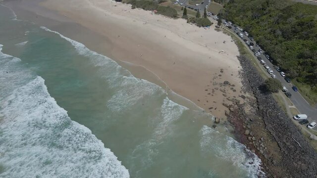 Waves Splashing On Sandy Duranbah Beach In In Tweed Heads, NSW, Australia At Summer. aerial