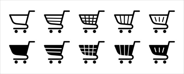 Retail shopping cart icon set. Trolley vector icons set for online store or marketplace symbol. Assorted simple flat and line stock illustration.