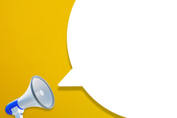 Megaphone with blank white speech bubble on yellow background. Template with copy space for text...