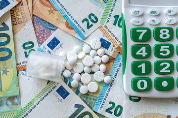  Euro banknotes money with calculator and capsule