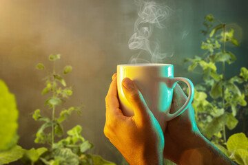 Steaming cup held in both hands surrounded by mint plants