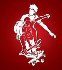 Group of People Playing Skateboard Extreme Sport Action Cartoon Graphic Vector