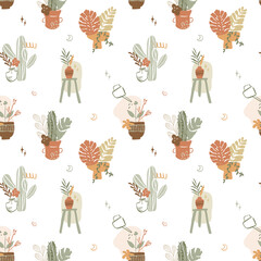 foliage seamless pattern of earth tone autumn leaves and plants in planters and unique vase with light background