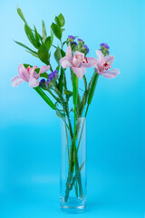 Naklejka na ściany i meble Beautiful bouquet of flowers in a glass vase on a blue background