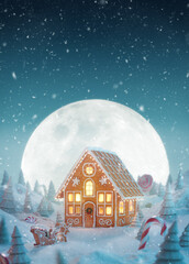 Cute cozy fairy Christmas gingerbread house decorated of Christmas lights - 463541370