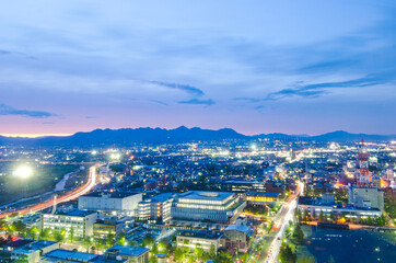 Fototapeta na wymiar Aerial view of Takasaki town from Takasaki city hall observatory.