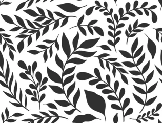Behang Zwart wit Naadloze patroon silhouet plant branch. Ornament ontwerp abstracte botanische element achtergrond.