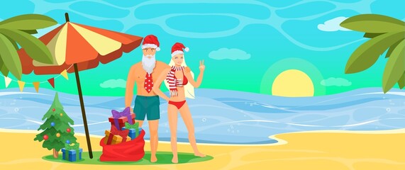 Obraz na płótnie Canvas Happy couple in swimwear and Santa hats on beach, vector illustration. Tropic Christmas tour, tropical winter vacation.