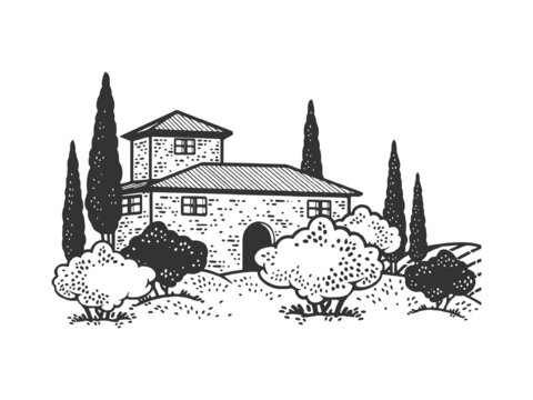Italian villa with cypresses and vineyards sketch engraving vector illustration. T-shirt apparel print design. Scratch board imitation. Black and white hand drawn image.