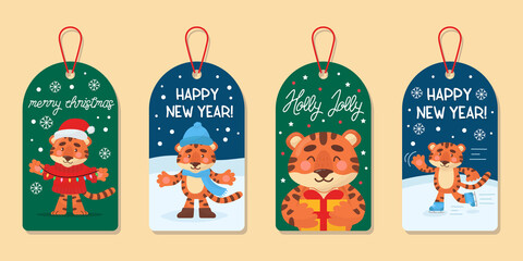 Christmas collection of cute tags. Labels with cartoon funny tiger. Vector illustration.