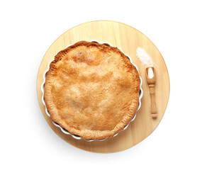 Baking dish with tasty chicken pot pie on white background