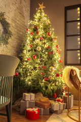 Interior of stylish living room decorated for Christmas
