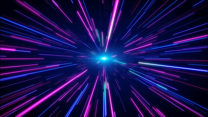 Hyperjump in space. Multicolored glowing neon rays. High speed tunnel motion zooming in. 3d rendering © Sashkin