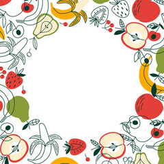 Simple frame with fruits and berries. Vector flat illustration with organic plant foods. Poster with round space for a text