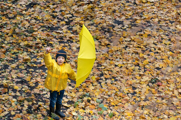 Child raised the umbrella over his head. Portrait of child in the autumn park. Top view