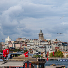 Fototapeta premium Landscape of Karakoy Istanbul with steam boats, Galata Tower.