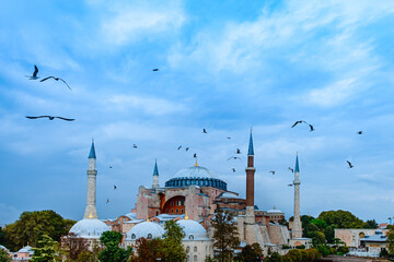 Obraz premium Hagia Sophia dome and minarets in the old Sultanahmet