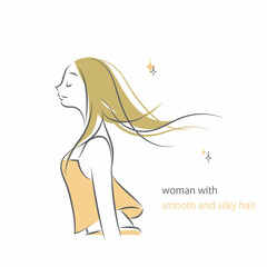 ヘアケア　風になびく美しい髪　シンプルでお洒落な女性の線画イラスト