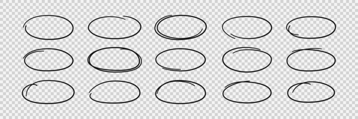 Hand drawn ovals. Highlight circle frames. Ellipses in doodle style. Set of vector illustration isolated on transparent background. - 463542951