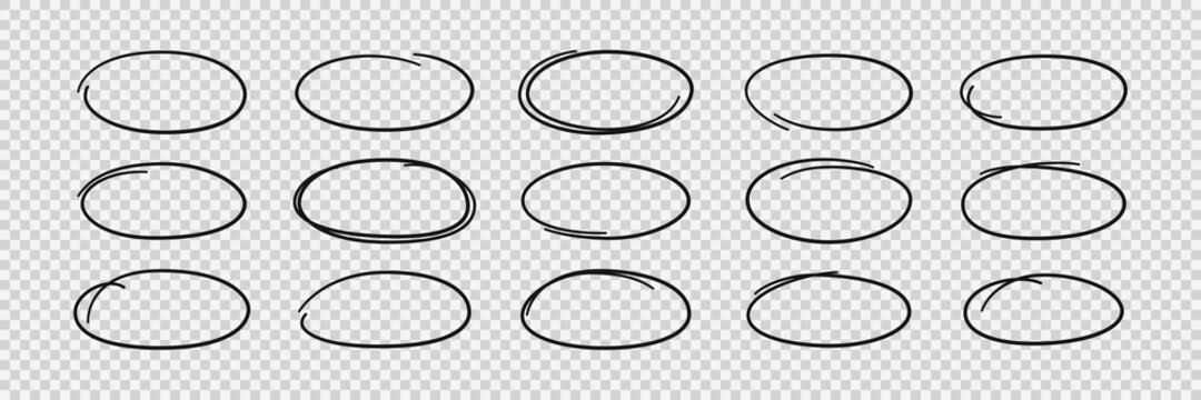 Hand drawn ovals. Highlight circle frames. Ellipses in doodle style. Set of vector illustration isolated on transparent background.