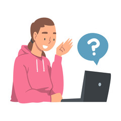 Young Woman Character Asking Question Using Internet Search System on Her Laptop Vector Illustration