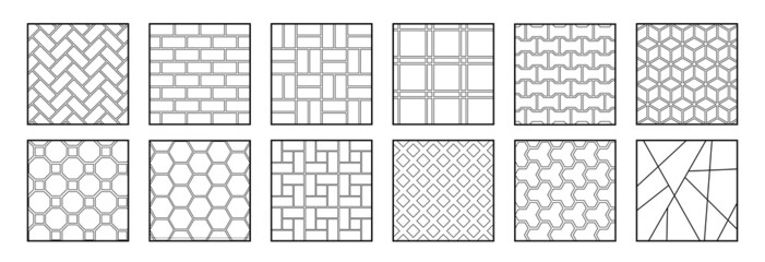 Tile for street pavements top view. Set of vector path , brick, architectural elements. Collection of outline pavement textures. Paving stone pattern for plan, garden, game, map, landscape design.
