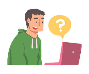 Young Man Character Asking Question Using Internet Search System on His Laptop Vector Illustration