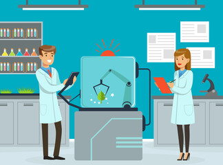 Man and Woman Scientist Conducting Experiment with Artificial Intelligence Assistance Vector Illustration