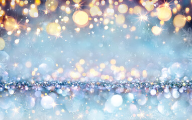 Abstract Magic Christmas Background - Shiny Golden Lights On Silver Blue Glitter With Snowflakes...