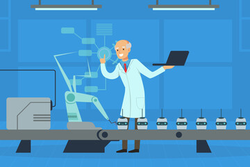 Man Scientist Conducting Experiment with Artificial Intelligence Assistance Vector Illustration