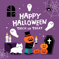 Halloween party illustration. Children in Halloween costumes.