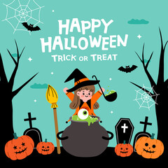 Halloween party illustration. Children in Halloween costumes.
